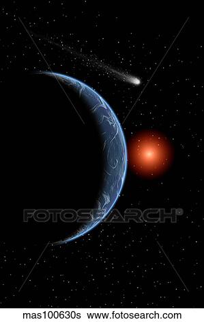 Stock Illustration - A comet passing the Earth on its journey around the Sun.. Fotosearch