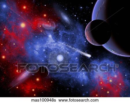 Stock Illustration - A comet passing through a young solar system.. Fotosearch