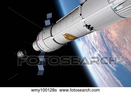 A command module approaches an awaiting rocket in Earth orbit. View Large Illustration Stock Illustration - A command module approaches an awaiting rocket in Earth orbit.. Fotosearch