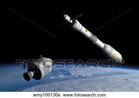 A command module approaches an awaiting rocket in Earth orbit. View Large Illustration Stock Illustration - A command module approaches an awaiting rocket in Earth orbit.. Fotosearch