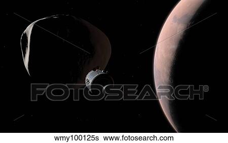 Stock Illustration - A command module begins a close approach to Phobos.. Fotosearch