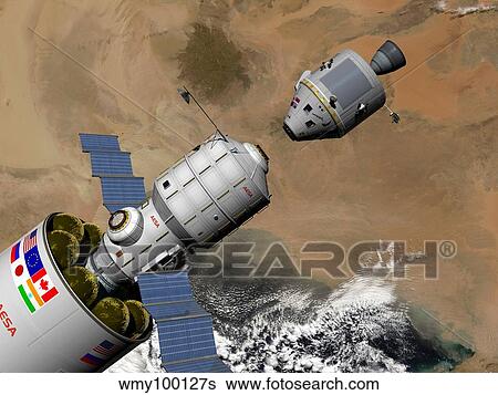 A command module prepares to dock with a Phobos mission rocket in Earth orbit. View Large Illustration Stock Illustration - A command module prepares to dock with a Phobos mission rocket in Earth orbit.. Fotosearch