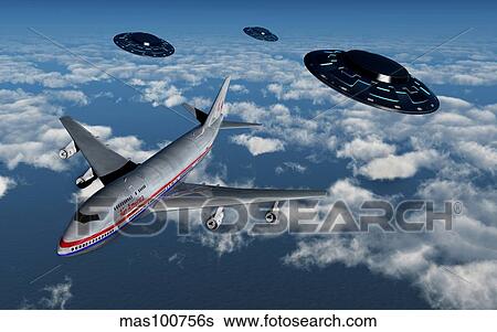A commerical flight Boeing 747 being stalked by UFO's. View Large Illustration Stock Illustration - A commerical flight Boeing 747 being stalked by UFO's.. Fotosearch