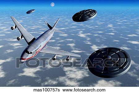 Stock Illustration - A commerical flight Boeing 747 being stalked by UFO's.. Fotosearch
