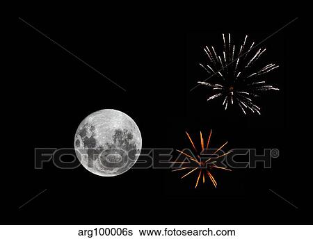 Stock Photograph - A composite image with fireworks and a new Moon.. Fotosearch