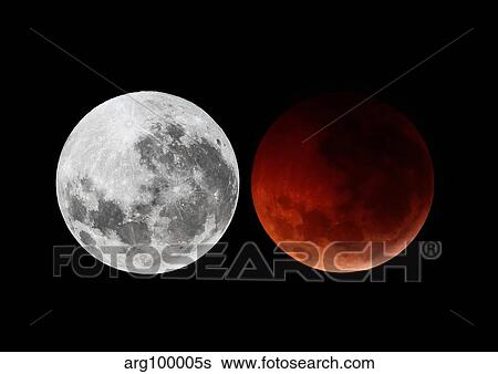 Stock Photograph - A composite showing the moon before the eclipse and during totality phase.. Fotosearch