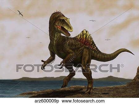 Stock Illustration - A Concavenator corcovatus running on the beach.. Fotosearch
