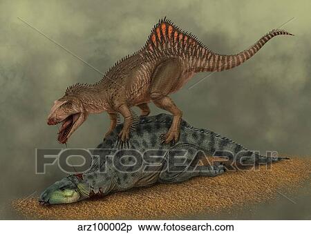 Stock Illustration - A Concavenator kills a young iguanodon dinosaur.. Fotosearch