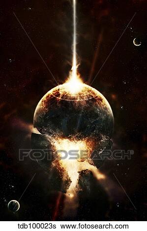 Stock Illustration - A concentrated gamma ray strikes a planet, tearing it open.. Fotosearch