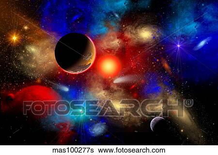 Stock Illustration - A conceptual image of the universe with its mixture of rich colours and cosmic objects.. Fotosearch