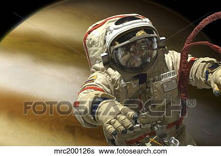 A cosmonaut floats in space above a large alien planet. View Large Photo Image Stock Photograph - A cosmonaut floats in space above a large alien planet.. Fotosearch