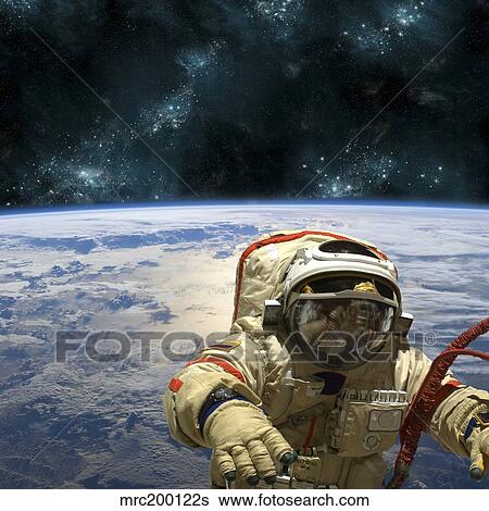A cosmonaut floats in space above Earth. View Large Photo Image Stock Photograph - A cosmonaut floats in space above Earth.. Fotosearch