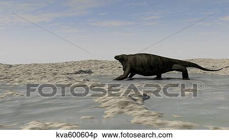 Stock Illustration - A Cotylorhynchus along the shores of a prehistoric environment.. Fotosearch