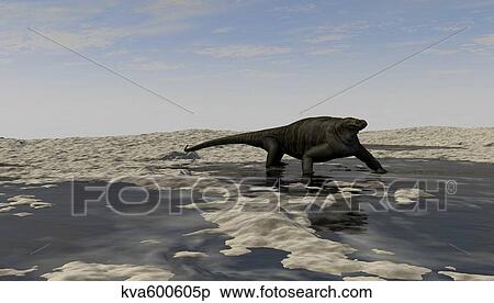 Stock Illustration - A Cotylorhynchus along the shores of a prehistoric environment.. Fotosearch