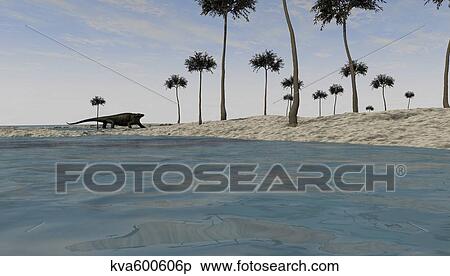 Stock Illustration - A Cotylorhynchus along the shores of a prehistoric environment.. Fotosearch