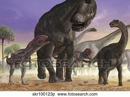 Stock Illustration - A couple of predator Mapusaurus try to isolate a herd of sauropods.. Fotosearch
