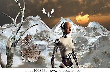 Stock Illustration - A crashed spaceship in the mountains of an alien world.. Fotosearch