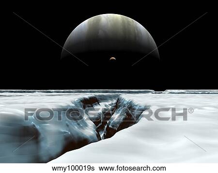 A crescent Jupiter and volcanic satellite, Io, hover over the horizon of the icy moon of Europa. View Large Illustration Stock Illustration - A crescent Jupiter and volcanic satellite, Io, hover over the horizon of the icy moon of Europa.. Fotosearch