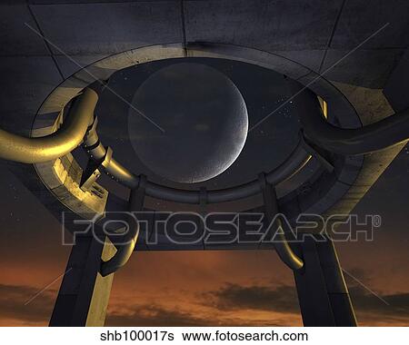 A crescent moon shines through a monumental launch site. View Large Illustration Stock Illustration - A crescent moon shines through a monumental launch site.. Fotosearch