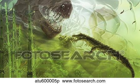 Stock Illustration - A curious Koumpiodontosuchus eyes a Neovenator.. Fotosearch