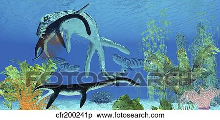 Stock Illustration - A Dakosaurus attacks a small Plesiosaurus.. Fotosearch