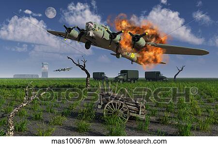 A damaged B-17 Flying Fortress attempting an emergency landing. View Large Illustration Stock Illustration - A damaged B-17 Flying Fortress attempting an emergency landing.. Fotosearch