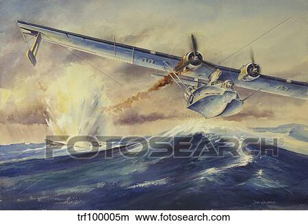 Stock Illustration - A damaged PBY Catalina aircraft after the attack and sinking of a German U-boat.. Fotosearch