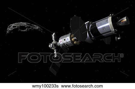 Stock Illustration - A Deep Space Mission Vehicle approaching an asteroid.. Fotosearch