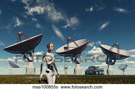 A deep space tracking station on an alien planet operated by androids. View Large Illustration Stock Illustration - A deep space tracking station on an alien planet operated by androids.. Fotosearch
