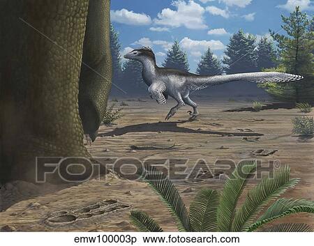A deinonychosaur leaves tracks across a Cretaceous China landscape. View Large Illustration Stock Illustration - A deinonychosaur leaves tracks across a Cretaceous China landscape.. Fotosearch
