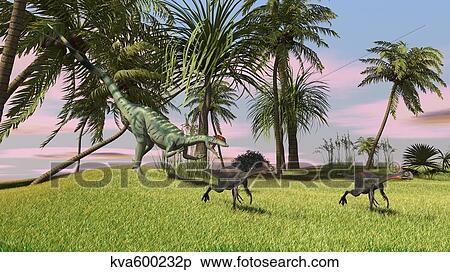 Stock Illustration - A Dilophosaurus chasing two Gigantoraptors across a grassy field.. Fotosearch