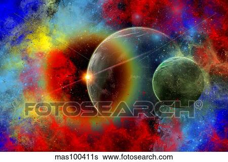 Stock Illustration - A distant alien world and it's moon surrounded by nebulous gas clouds. Fotosearch