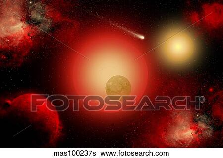 Stock Illustration - A distant binary star system located within The Milky Way. . Fotosearch