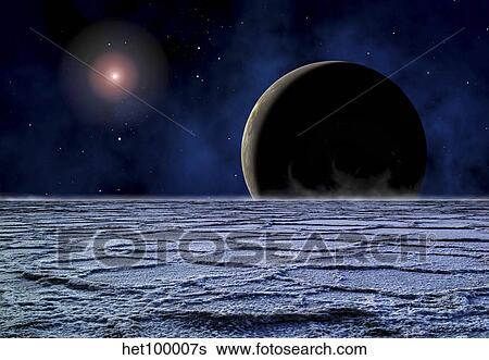 A distant star illuminates an extrasolar planet on the horizon of a frozen moon. View Large Illustration Stock Illustration - A distant star illuminates an extrasolar planet on the horizon of a frozen moon.. Fotosearch