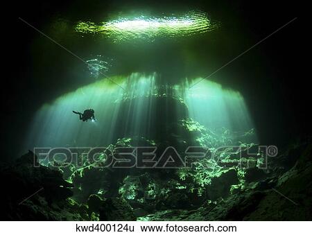 Stock Photograph - A diver in the Garden of Eden cenote system in Mexico.. Fotosearch