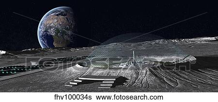 A domed crater is home to a lunar city. Earth rises in the background. View Large Illustration Stock Illustration - A domed crater is home to a lunar city. Earth rises in the background.. Fotosearch
