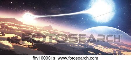 A double star system as seen from a circling planet. View Large Illustration Stock Illustration - A double star system as seen from a circling planet.. Fotosearch