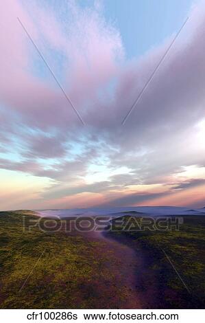 Stock Illustration - A dry riverbed winds its way down through a wilderness area.. Fotosearch