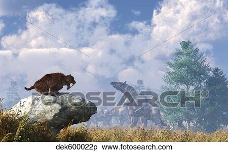 A Eusmilus watches a herd of Paraceratherium. View Large Illustration Stock Illustration - A Eusmilus watches a herd of Paraceratherium.. Fotosearch