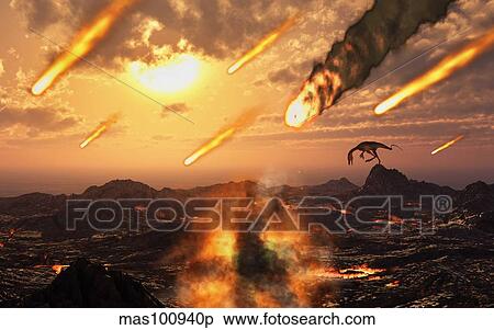 A falling asteroid and meteorites mark the end of the dinsoaurs rule of the Earth. View Large Illustration Stock Illustration - A falling asteroid and meteorites mark the end of the dinsoaurs rule of the Earth.. Fotosearch