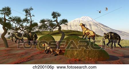 A family of Saber Toothed Tigers watch a herd of Woolly Mammoths. View Large Illustration Stock Illustration - A family of Saber Toothed Tigers watch a herd of Woolly Mammoths.. Fotosearch
