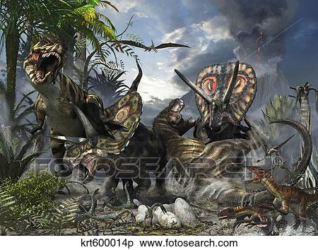 A family of Torosaurus protecting their eggs from a pair of Tyrannosaurus rex. View Large Illustration Stock Illustration - A family of Torosaurus protecting their eggs from a pair of Tyrannosaurus rex.. Fotosearch
