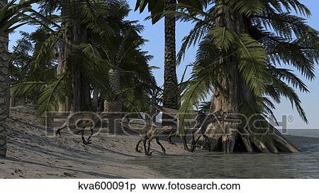 Stock Illustration - A family of Utahraptors along the shoreline.. Fotosearch