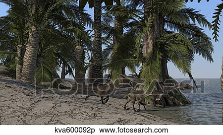 Stock Illustration - A family of Utahraptors along the shoreline.. Fotosearch