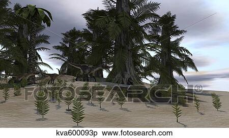 Stock Illustration - A family of Utahraptors in a prehistoric environment.. Fotosearch