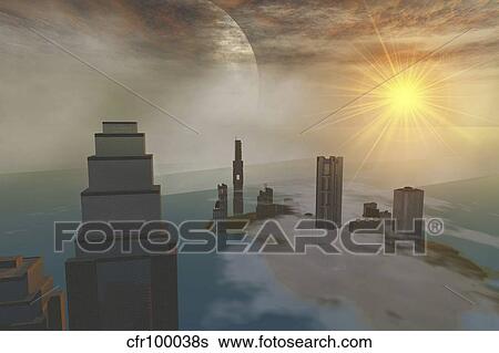 A fantasy science fiction world on another planet. View Large Illustration Stock Illustration - A fantasy science fiction world on another planet.. Fotosearch