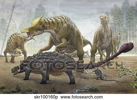 A female Saurolophus attempts to crush a Tarchia armored dinosaur. View Large Illustration Stock Illustration - A female Saurolophus attempts to crush a Tarchia armored dinosaur.. Fotosearch