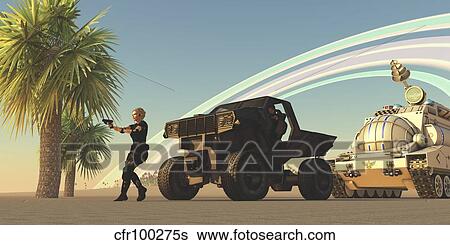 Stock Illustration - A female soldier draws her gun on a distant planet.. Fotosearch