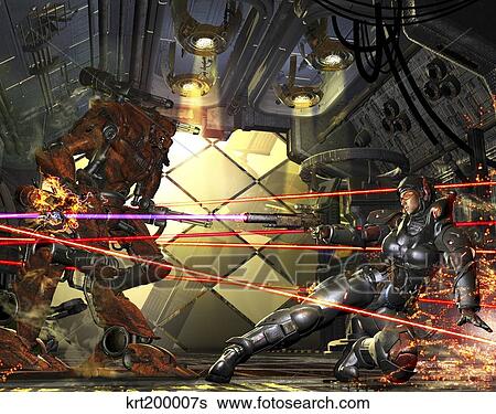 A female space marine fighting off a battle troop mech. View Large Illustration Stock Illustration - A female space marine fighting off a battle troop mech.. Fotosearch