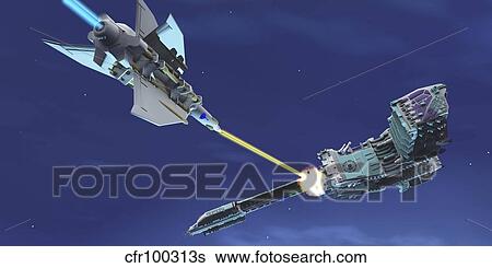 Stock Illustration - A fighter spacecraft blasts a large enemy battleship with a laser beam.. Fotosearch